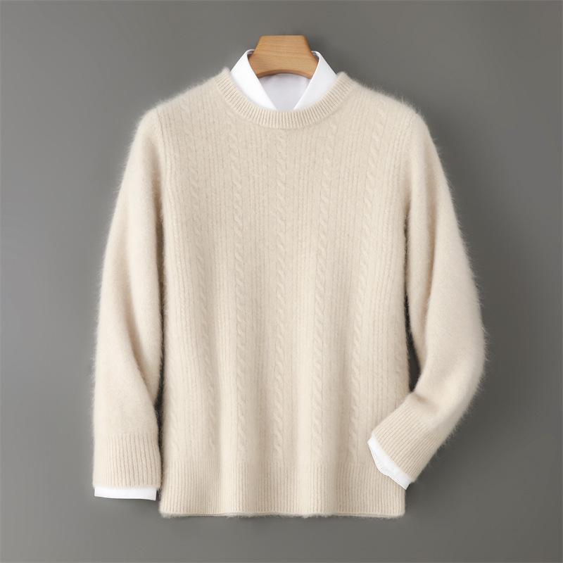 Men's 100% Wool Round Neck Sweater, Thickened Knit Pullover, Autumn/Winter Cashmere Base Layer Top