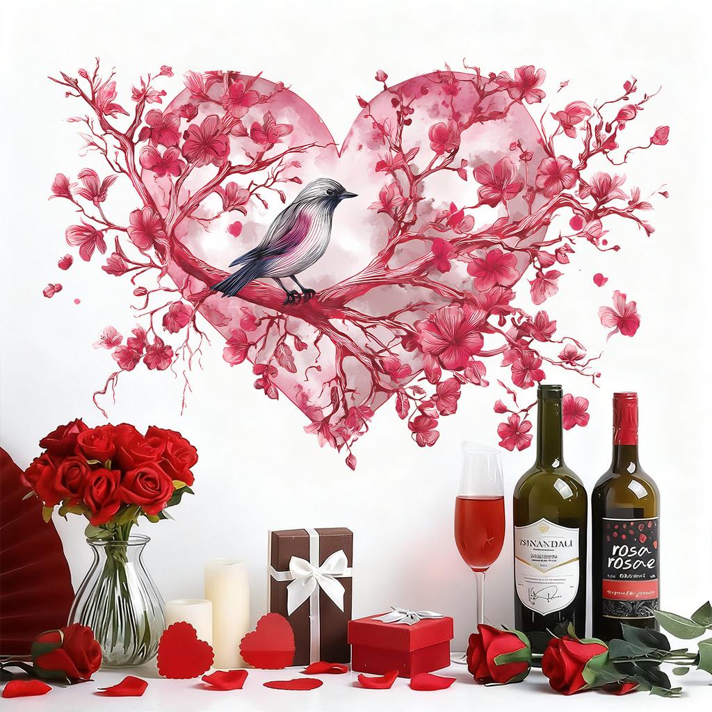 Cartoon Pink Heart-Shaped Branch Bird's Nest Valentine's Day Self-Adhesive Girly-Style Room Decoration Stickers