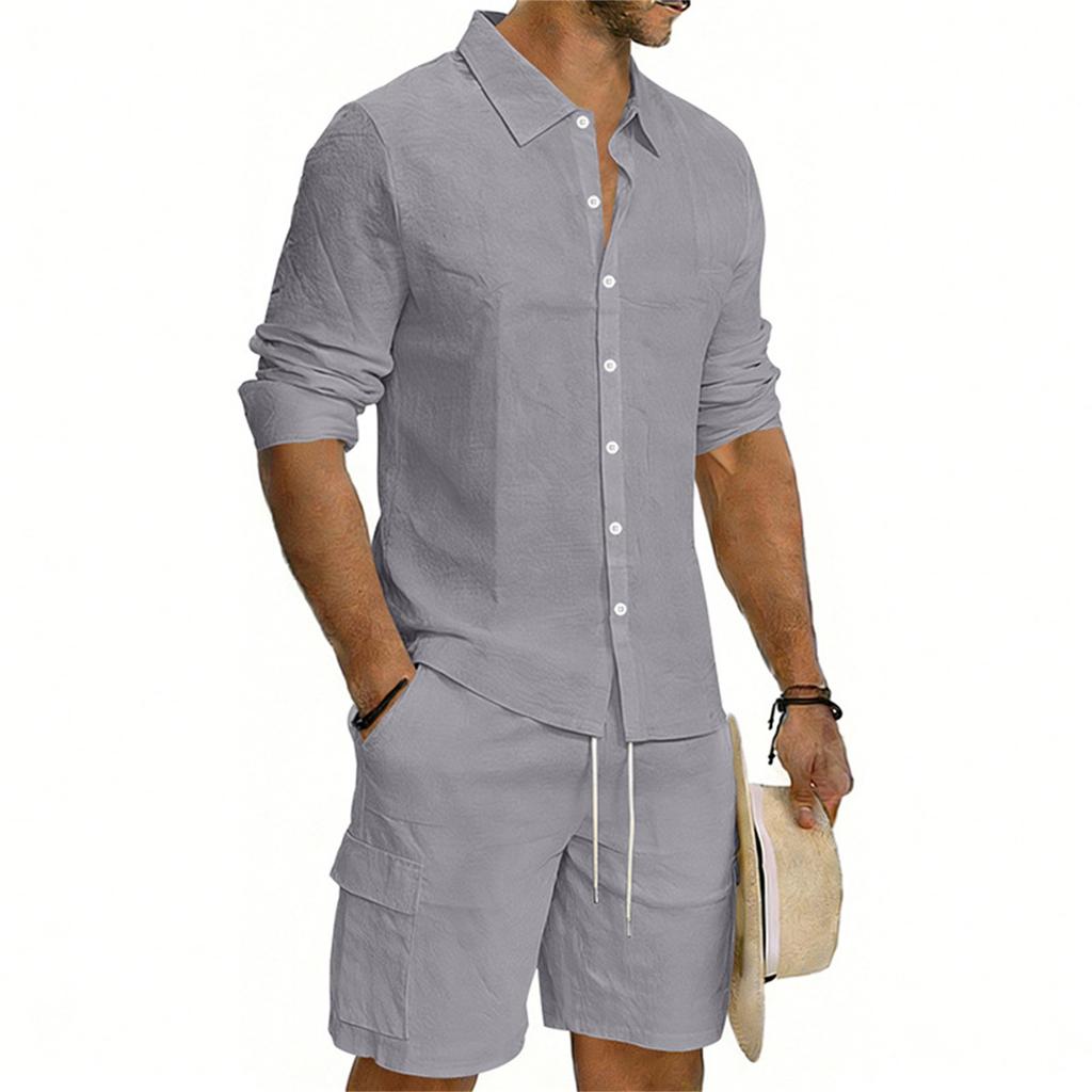 Men's Casual Long-sleeved Tooling Shirt Shorts Set