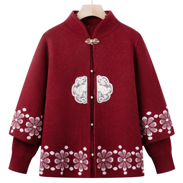 Sweater Jacket New Chinese Style Middle-aged and Elderly Women's Suit Knitted Two-piece Set Mother Autumn Clothes Autumn and Winter Cardigan New Style