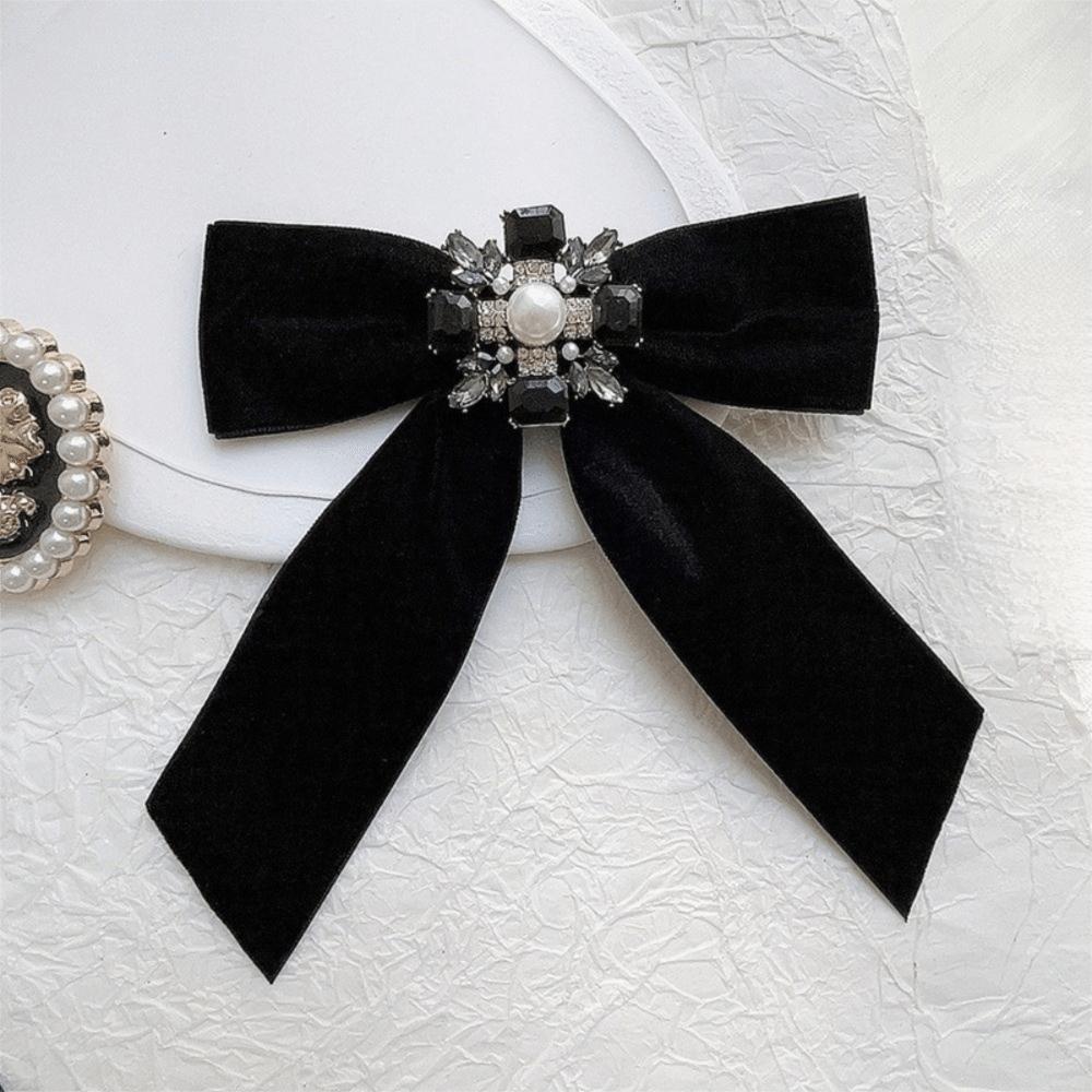 Velvet Memorial Black Bowknot Brooches Crystal Rhinestone Bow Tie Brooches Dress Shirt Accessories