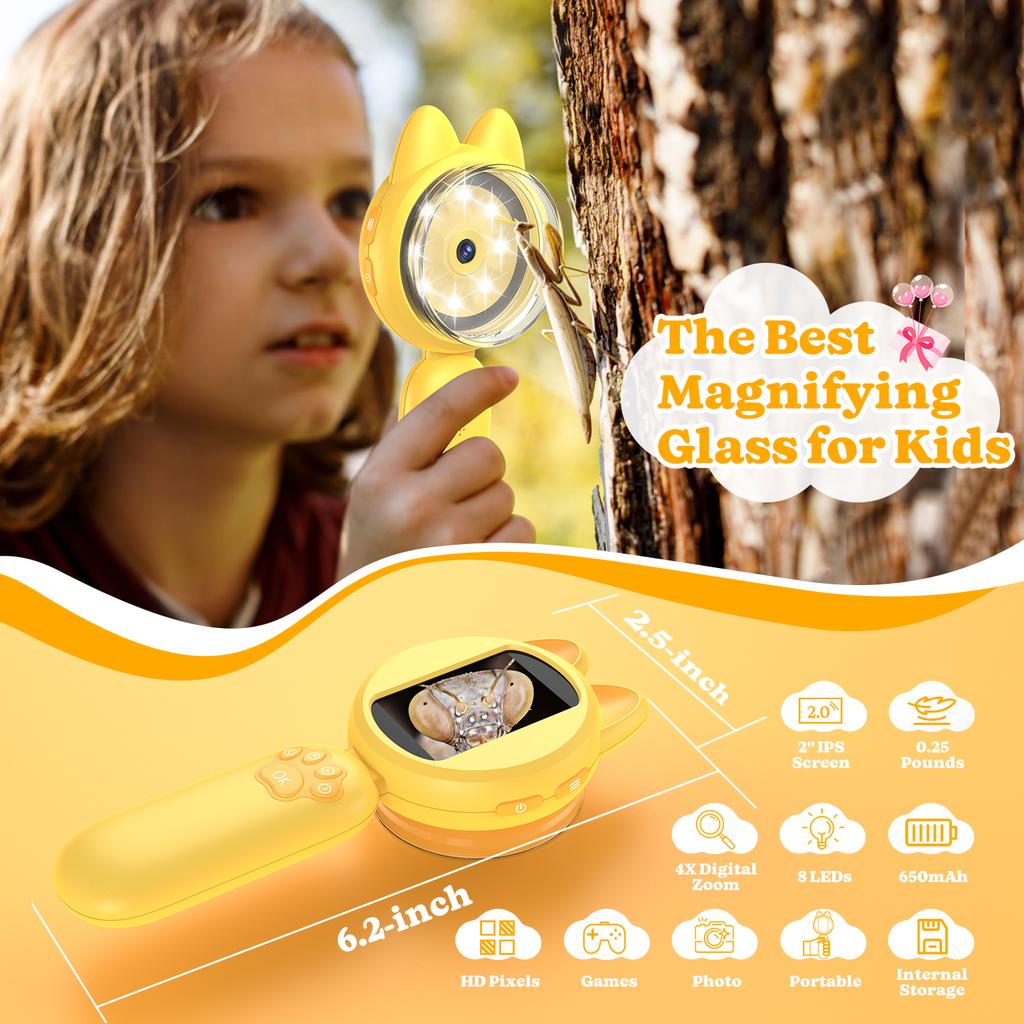 Magnifying Glass for Kids 100X Handheld Microscope with 2" LCD Scrren Kids Magnifer with 8 LEDs,Christmas Birthday Gifts for Kid