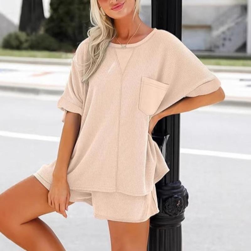 Women's Summer New Waffle Loose Five-quarter Sleeve Pocket Round Neck Patchwork T-shirt