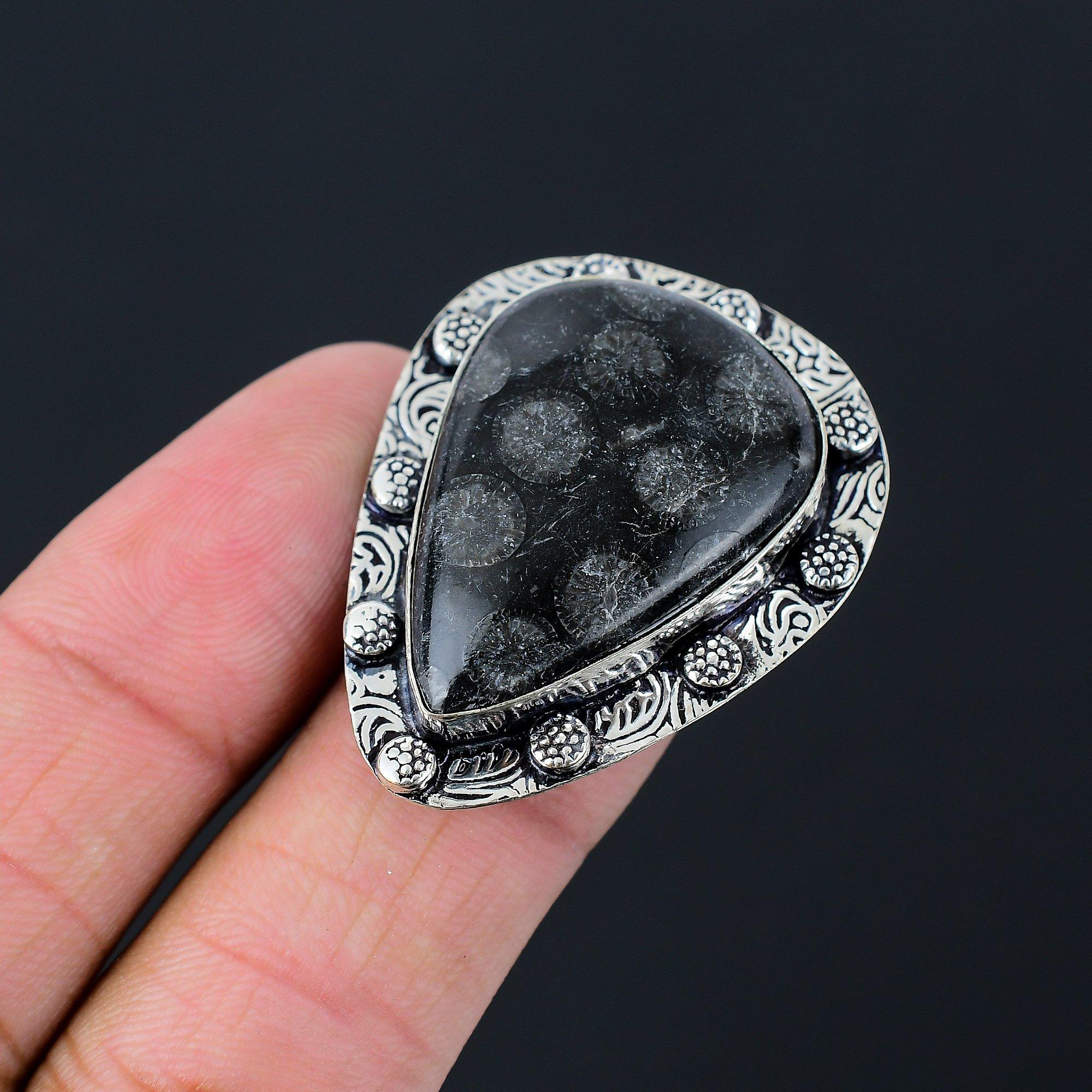 

Black Fossil Coral Stone Engagement Elegant Stackable Wife Ring 925 Silver US 8 8