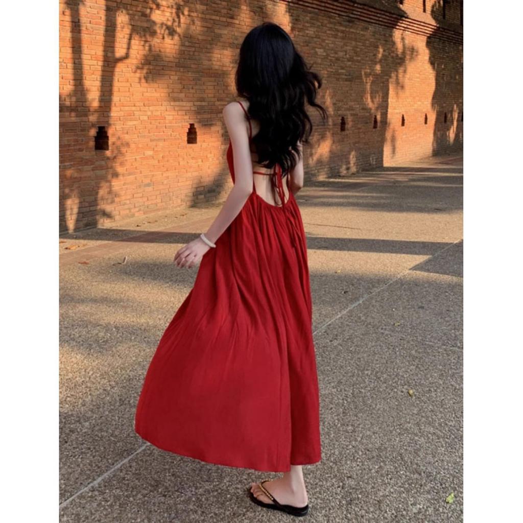 French Red Sexy Backless Suspender Dress Women's Summer Temperament Seaside Vacation Waist Slim Skirt