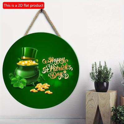 Pendentif de porte rond à thème vert, motif trèfle à trois feuilles, or et chapeau, 2D plat 20 x 20 cm, 1 pièce, pour la Saint-Patrick, à suspendre en bois