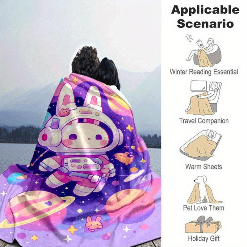 1pc Cute Rabbit Planet Printing Lightweight Flannel Blanket, Comfortable and Warm Blanket, for Camping Sofa Bed and Couch Office, Gift