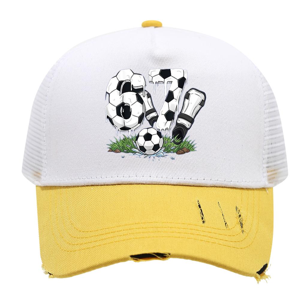 1PC Mesh Trucker Hat, Breathable, Distressed Brim, 3D Soccer 67 Print, Retro Streetwear for Men Women