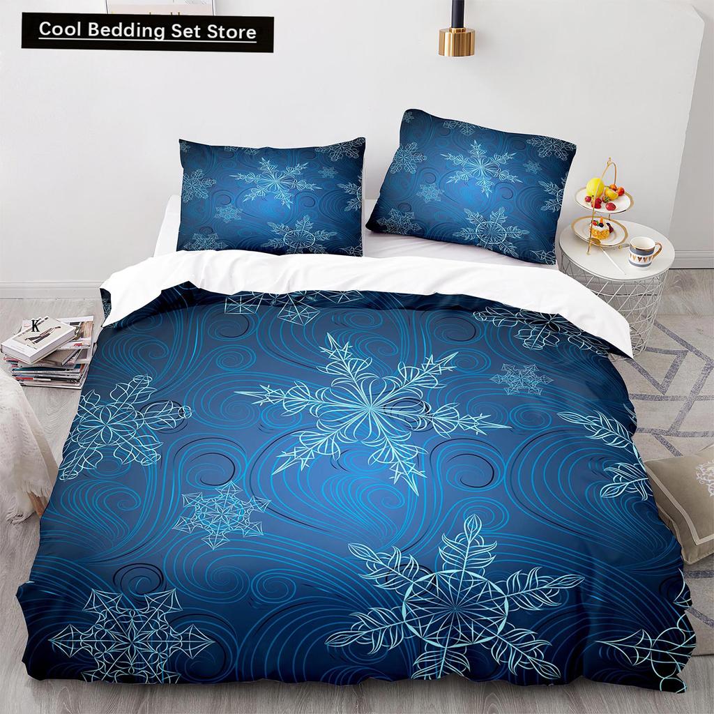 3D Snowflake King Queen Duvet Cover Romantic Purple Snow Landscape Bedding Set for Kids Teens Adults Christmas Soft Quilt Cover