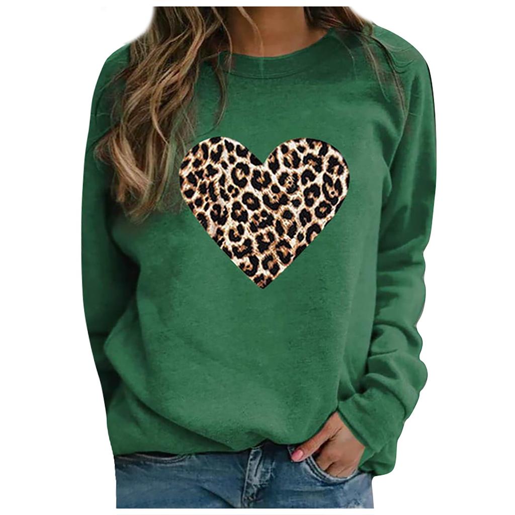 Women Casual Fashion Leopard Print Love Hoodless Plus Fleece Long-sleeved Sweater Top
