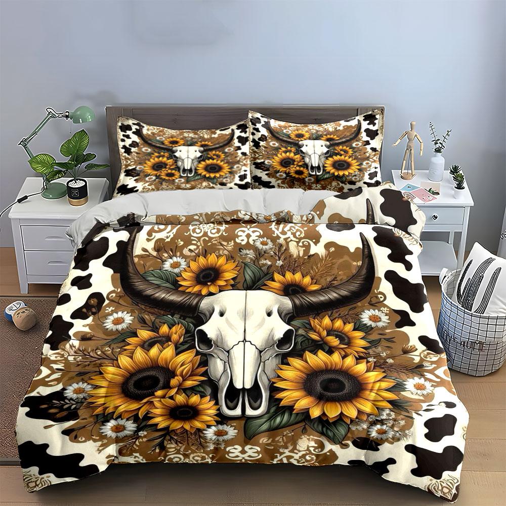 Cow Skull with Sunflowers Set Bedding Duvet Cover Set Duvet Cover Pillowcases (1 * Duvet Cover 2 * Pillowcases, Without Duvet Insert)