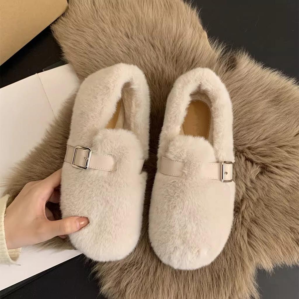 French evening wind belt buckle Mao Mao shoes women's 2025 new versatile and comfortable one-pedal flat-soled Doudou cotton shoes