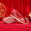 Women's Red Embroidered Wedding Shoes Increased Internal Wedges Shallow Ankle Strap String Bead Tassel Ethnic Style Hanfu Shoes