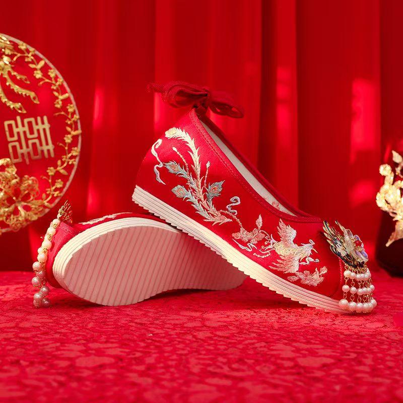 Women's Red Embroidered Wedding Shoes Increased Internal Wedges Shallow Ankle Strap String Bead Tassel Ethnic Style Hanfu Shoes