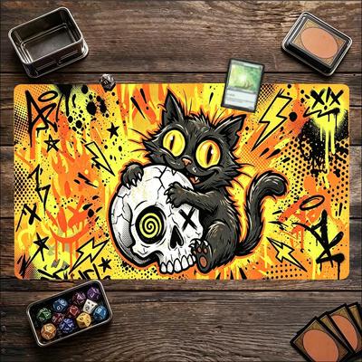 Black Cat Holding Skull MTG Playmat Trading Card Game Play Mat 600X350MM TCG CCG Non-Slip Durable Stitched Edge Magic Card Mats