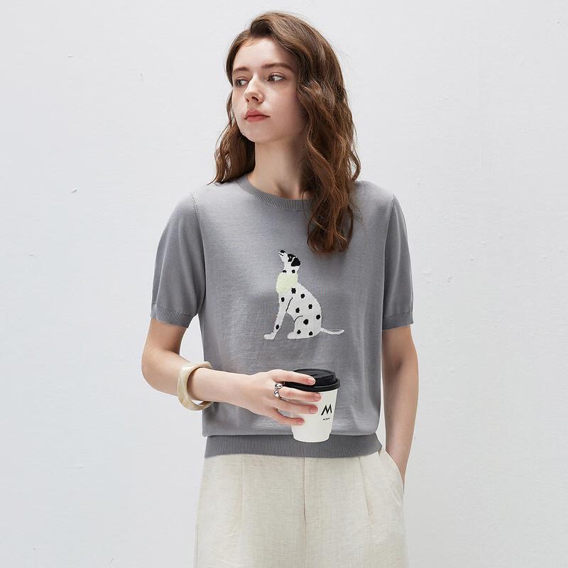 Komomboka Women's Mulberry Silk Dog Embroidery Short-Sleeve Knit Top