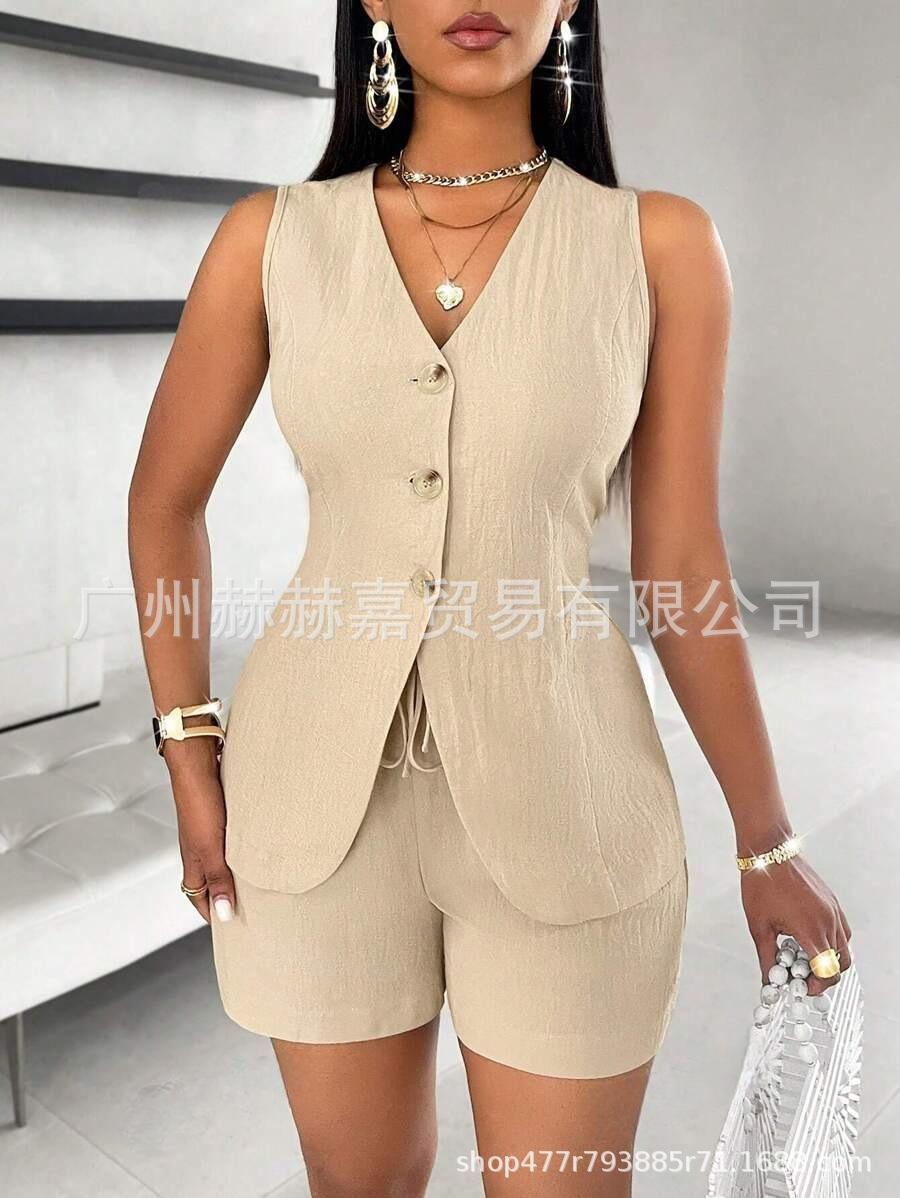 Women Sleeveless Blazer Vest And Shorts Set V Neck Button Detail Drawstring Waist Solid Color Casual Two Piece Outfits S абрикосовый