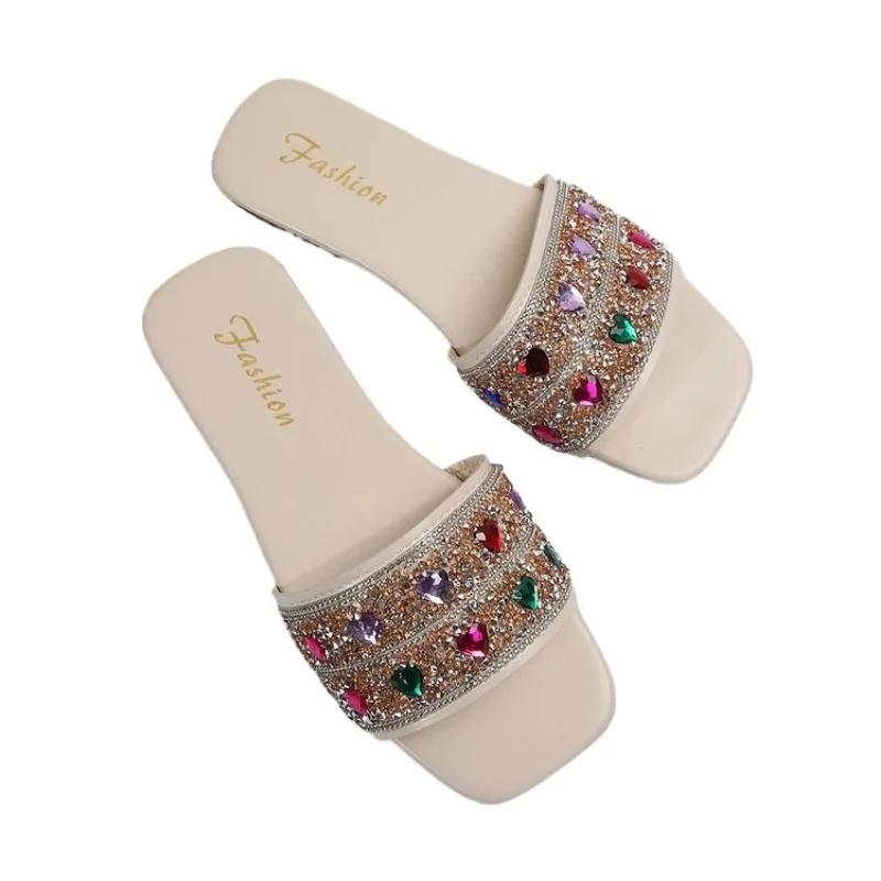 2024 High Quality Ladies Shoes Summer Women's Slippers Square Toe Mixed Colors Brilliant Diamond Open Toe Low-heeled Slippers