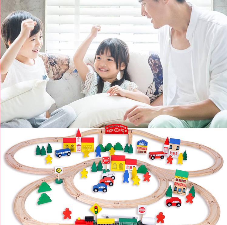 Children's Wooden Train Track Building Blocks Set