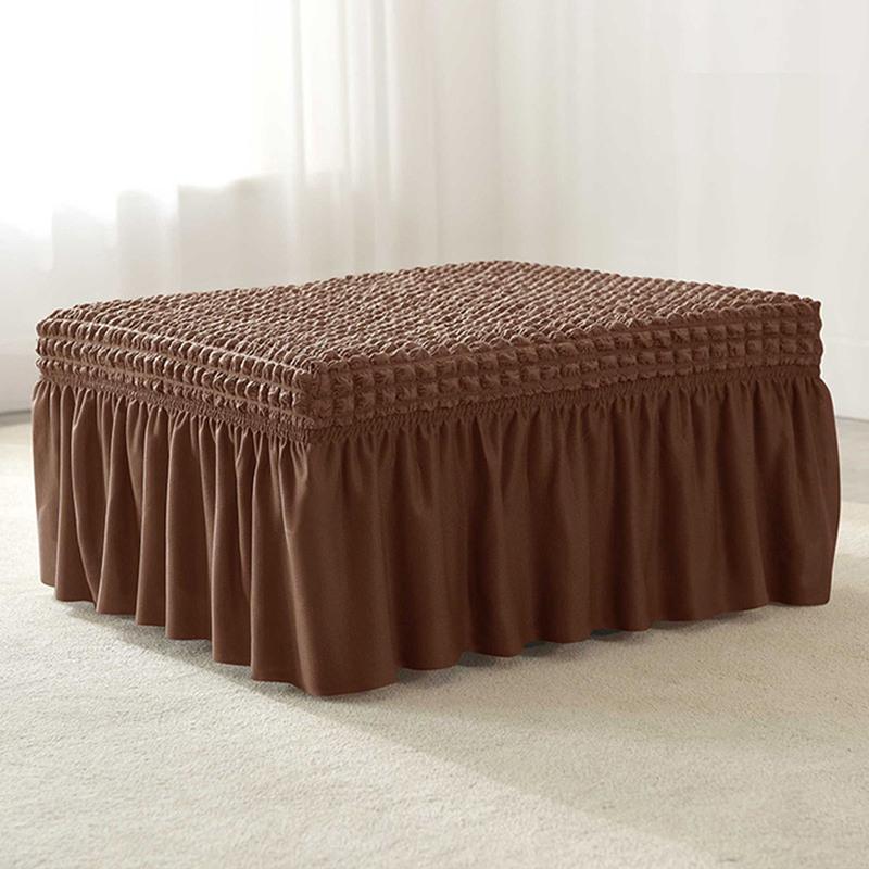 Stretch Ottoman Slipcover Removable with Skirt Footstool Protector Seersucker Thick Ottoman Cover for Living Room Cat Dog