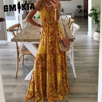 Dam Boho Halter Lång Hög Midja V-ringning Tryckta Blomsterklänningar