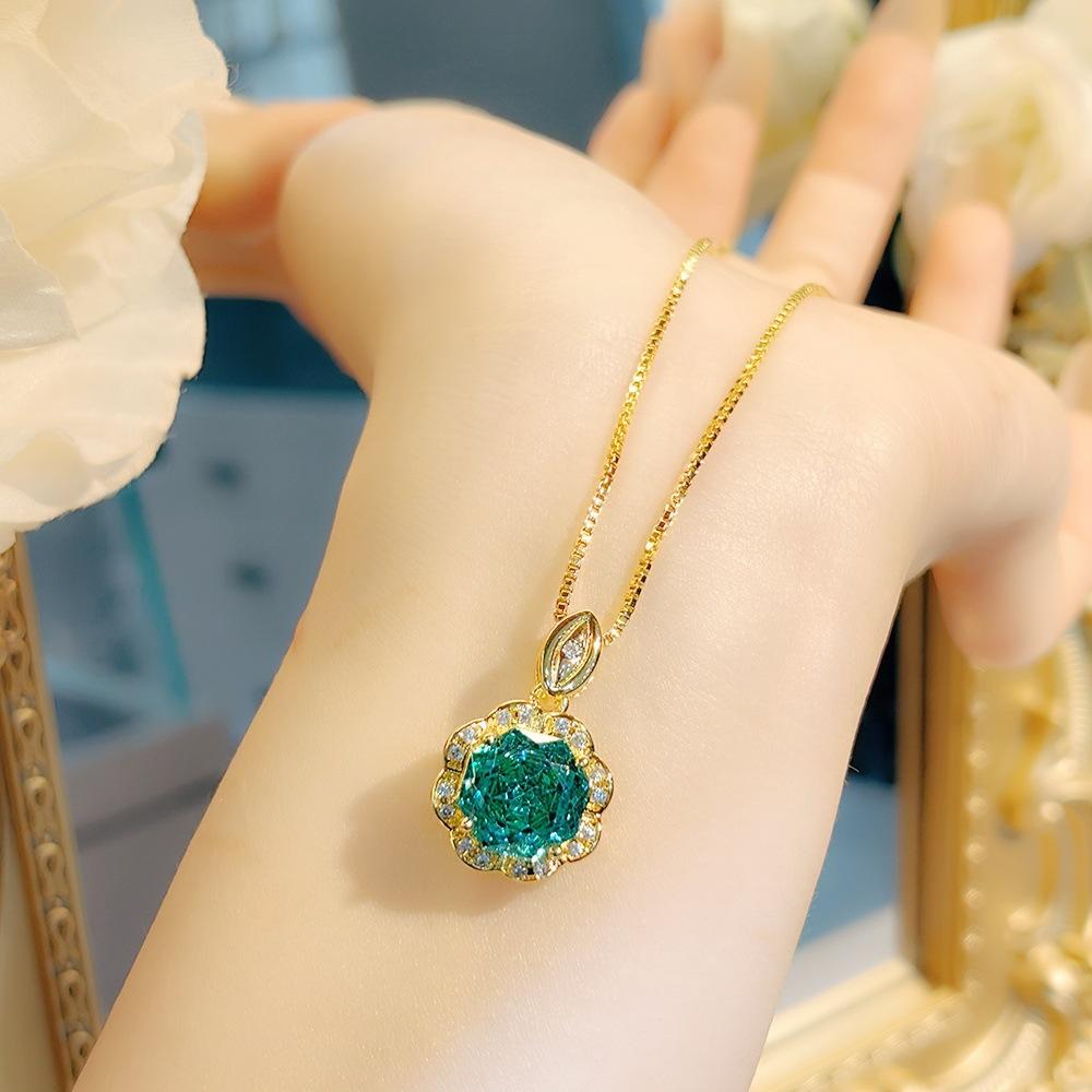 Octagonal Millennium Rose Cut Paraiba Necklace Pendant High Carbon Diamond Set Tourmaline Diamond Stud Earrings Colorful Ring