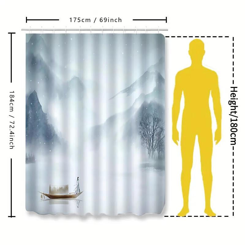 Watercolor Ink Wash Shower Curtain Mountain Boat Scene Bathroom Decor Artistic Touch Chinese Ancient Style Design Elevate Space