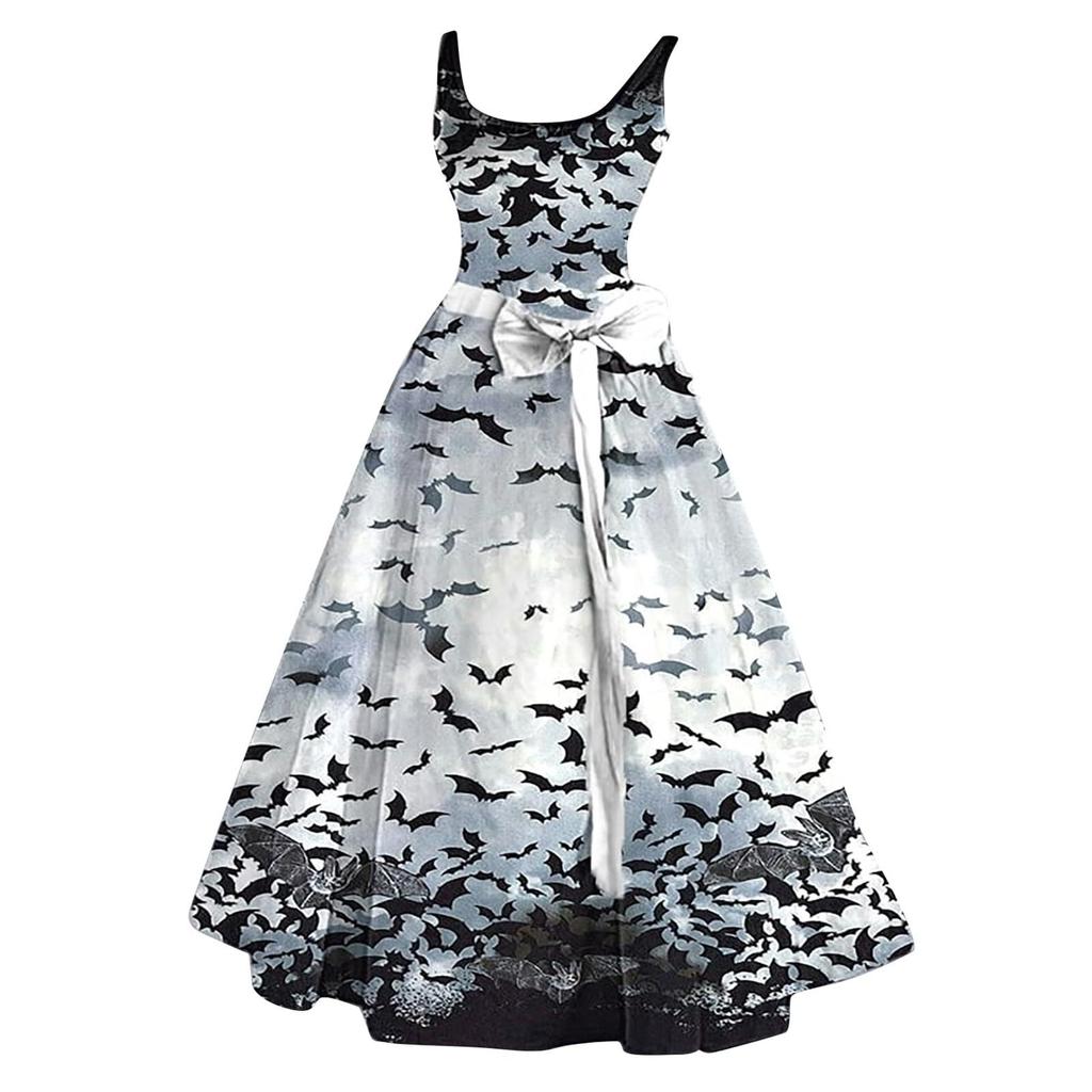 Maxi Abito da Donna Oversize con Stampa di Halloween - Collo Senza Maniche Casual Lungo per Feste