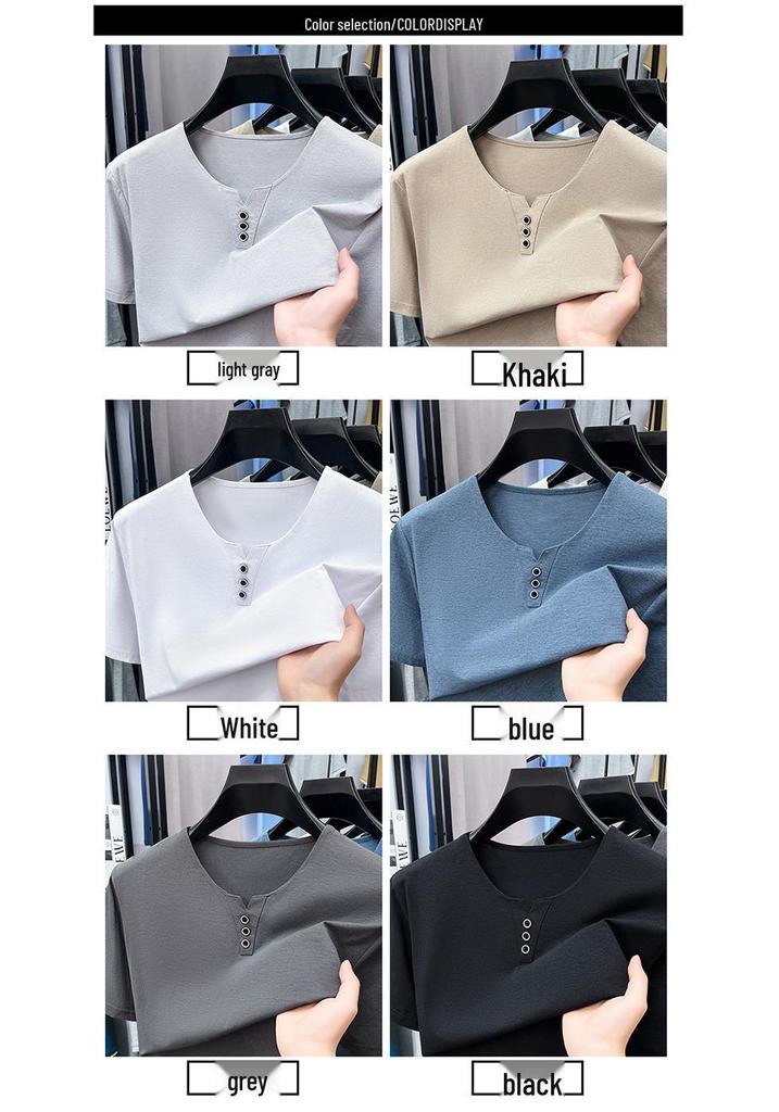 Men's Summer Crew Neck Solid Color Casual Short Sleeve T-shirt, Versatile Korean V-neck Style