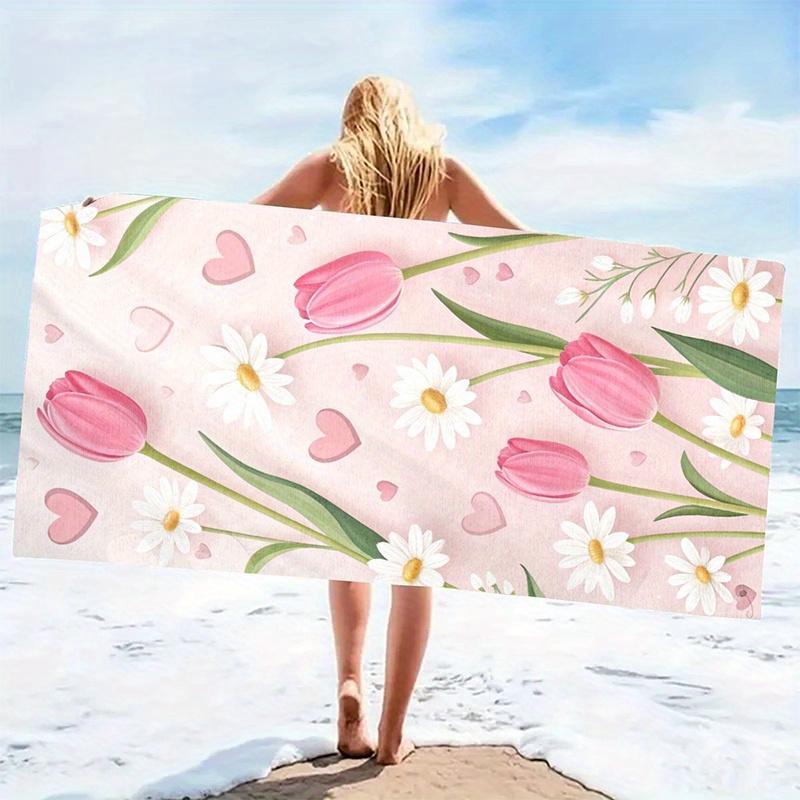 Strandtuch Rosa Tulpe und Gänseblümchen Herz Muster Sonnenschutz Winddicht Geeignet für Pool Camping Reise Decke