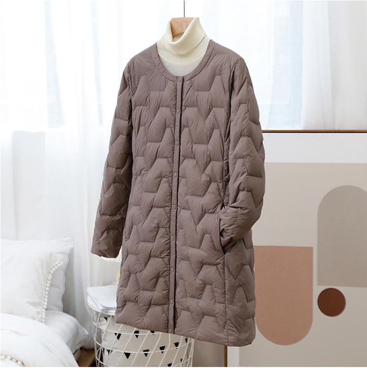 Women's Mid-Length Lightweight Down Jacket - Autumn/Winter, Round Neck, Collarless, Korean Style Trendy Outerwear