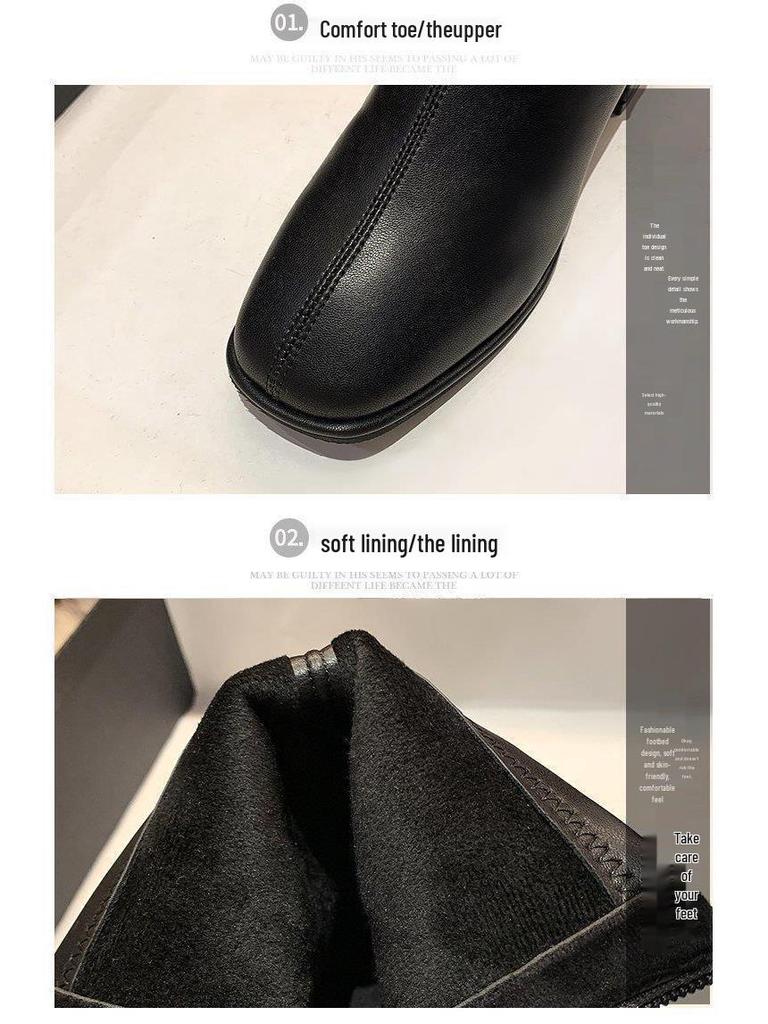 Beige Slimming Square Toe Chunky Ankle Boots with Back Zipper and Fleece Lining for Women – 2025 Autumn/Winter Collection