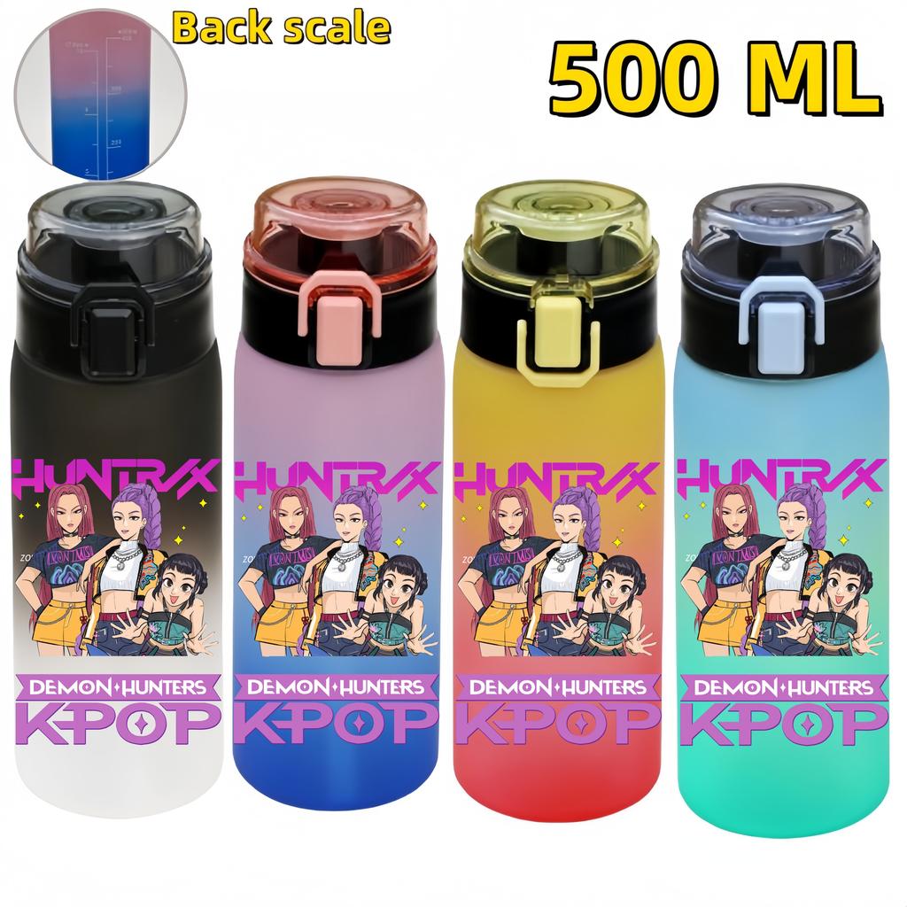 KPop Demon Hunters Sports Water Bottle Portable Leak Proof Plastic Cup Level Line Outdoor Fitness 500ML with for Kid Friendly Entertaining Fun Play
