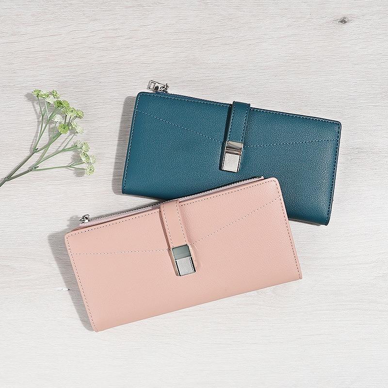 Autumn and winter new pu long wallet niche design magnetic buckle button long female wallet texture contrast color