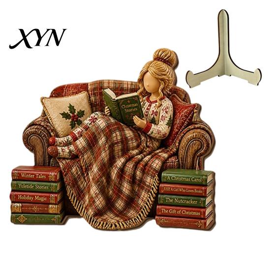 Winter Party Decorations Christmas Wooden Table Sign, 2D Flat Santa Claus/Snowman Reading Desktop Ornament Gift for Family with Stand, Holiday