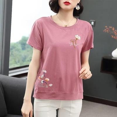 Women Pink Ginkgo Leaf Embroidery Round Neck Short Sleeve T Shirt