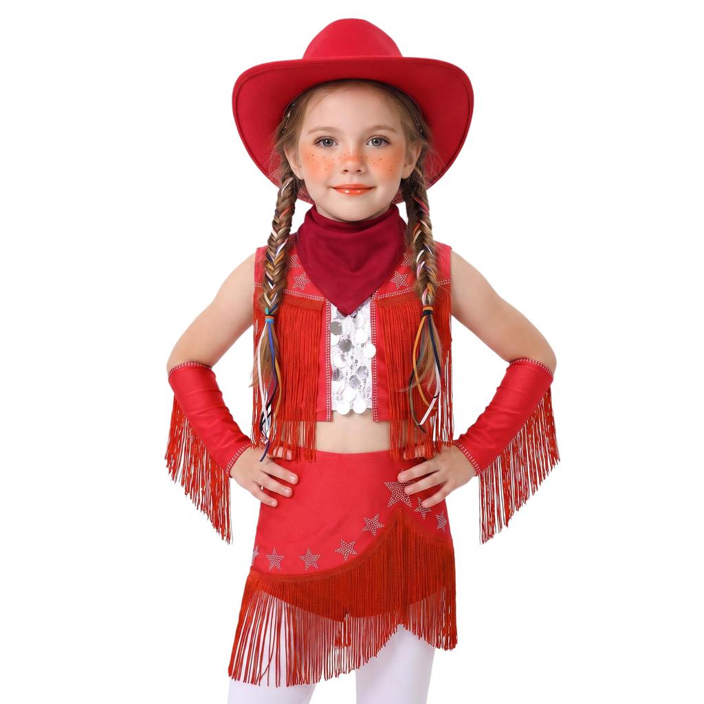 Costume da Cowgirl per Bambine Senza Maniche con Paillettes Strass Frange, Gonna Elastica, Guanti, Cappello, Fazzoletto, Danza Latina, Esibizione sul Palco, Competizione