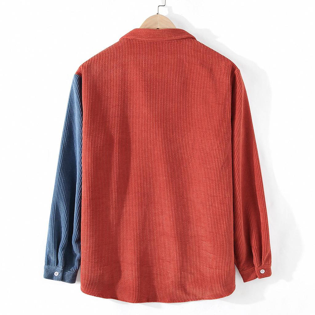 Men's Spring and Autumn Long-sleeved Color Collision Lapel Corduroy Shirt Youth Fresh Casual Comfortable Tops