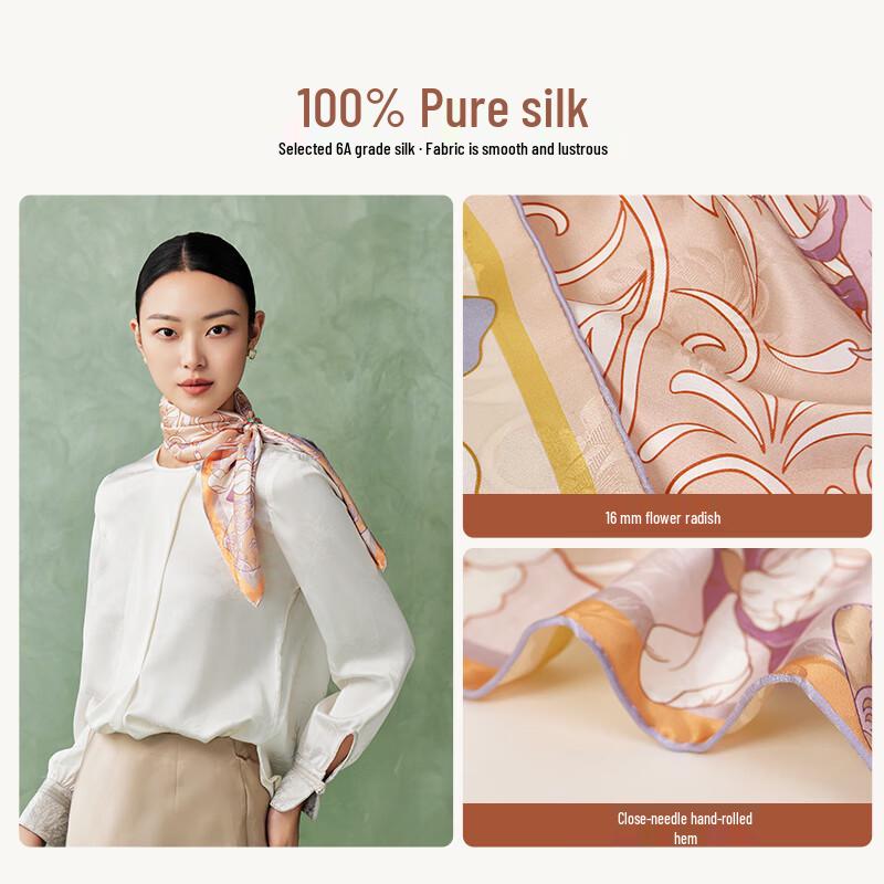 Baoshidie 100% Mulberry Silk Double-Sided Floral Square Scarf