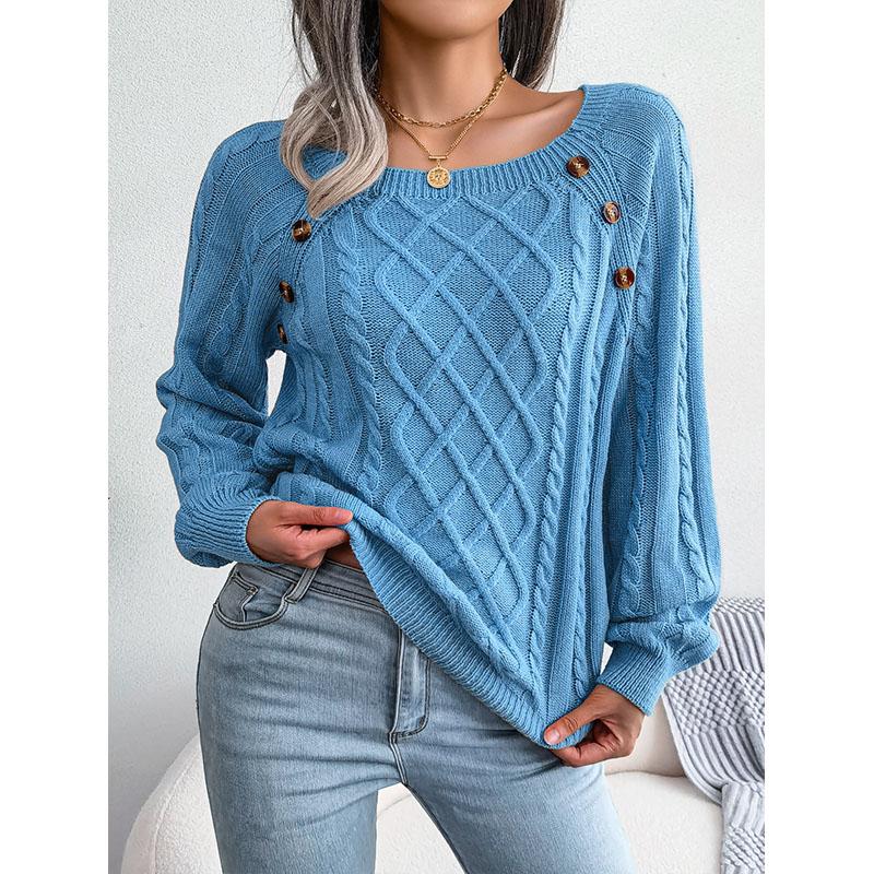 Europe and The United States Women's Fall and Winter Loose Casual Square Neck Pin Buckle Twist Knit Pullover Sweater