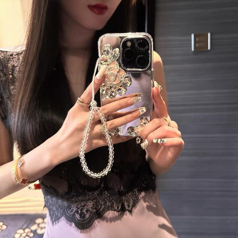 For Apple 17Promax Mirror Phone Case for IPhone16 Rhinestone Flower High-end Ins Style 13 Bracelet