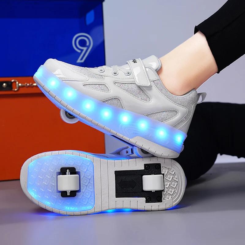 Women 2-wheel Roller Skate Shoes Trend Girls' Shoes With LED Retractable Child Dual-Purpose Casual Sneakers With Wheels