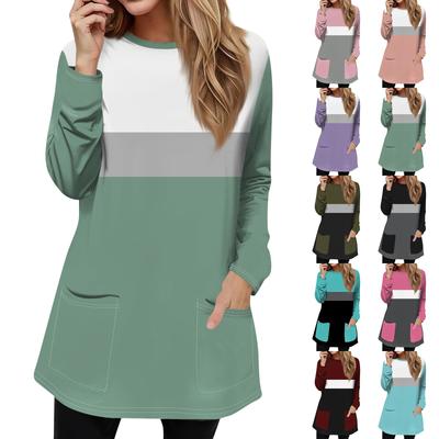 Women's Fashion Casual Pullover T-Shirt Round Neck Pocket Stripe Patchwork Printed Long Sleeve Top