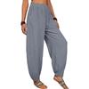 Damen locker lässige Baumwoll-Leinen-Mischhose elastische Taille mit Tasche