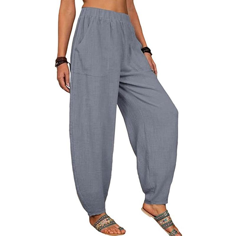 Damen locker lässige Baumwoll-Leinen-Mischhose elastische Taille mit Tasche