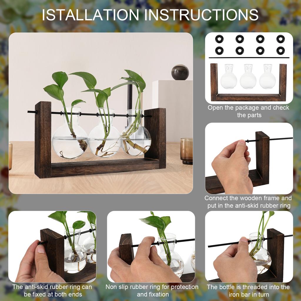 Hydroponic Vase Simple Decorative Glass Flower Vase Plant Terrarium with Wooden Stand