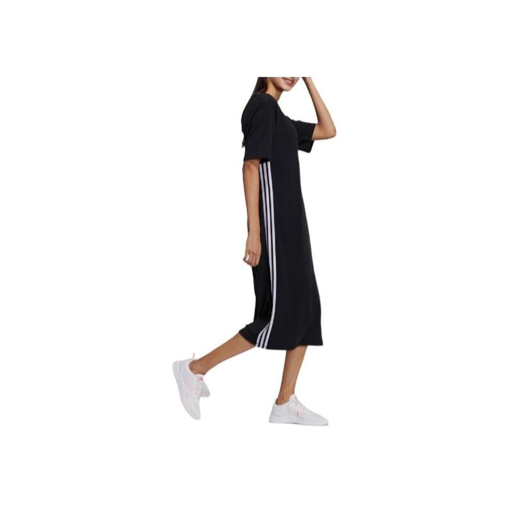 adidas Neo Logo Print Atmungsaktiver Drei Streifen Sport Pullover Rundhalsausschnitt Kurzarm Kleid Damen Kleid Schwarz H45104