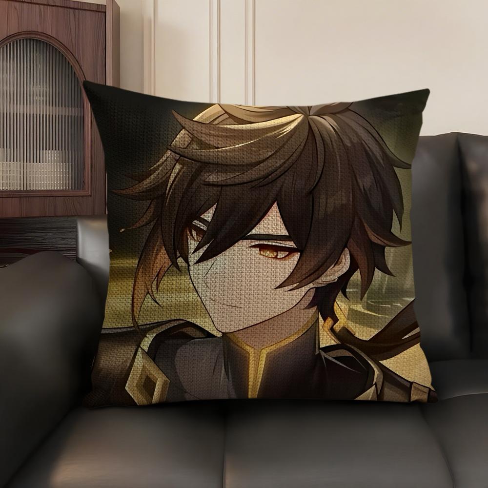 Zhongli Genshin Impact Cute Cushion Cover Natural Linen Organic Fabric DoubleSided Printing Sofa Home Decor Gift Pillow Case