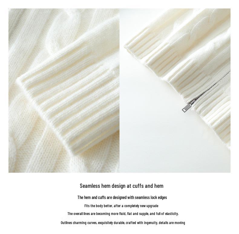 Women's High-Neck Zipper Cardigan: Warm Cashmere Wool Knitwear, Thick Cable Knit Sweater Coat for Autumn & Winter.
