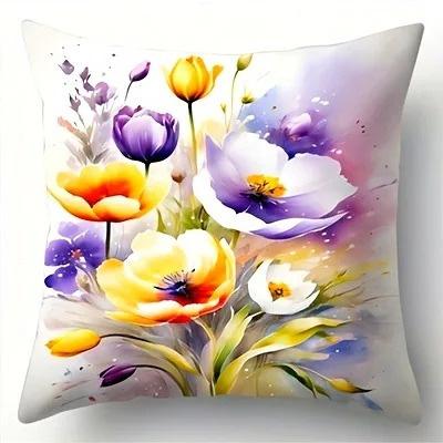 Home Decor Colorful Floral Watercolor Pattern Pillow Covers Pattern Cushion Cover Suitable for Sofa Bedroom Car Pillow Cover